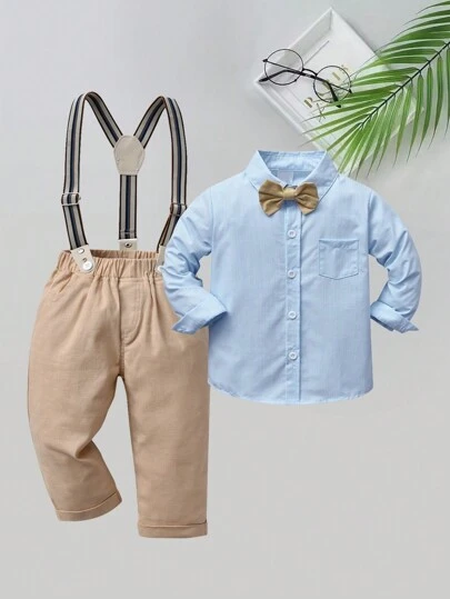 两件套男婴绅士套装，包括长袖衬衫、领结和背带裤，时尚有型，适合生日派对、婚礼、宴会、晚宴等场合。