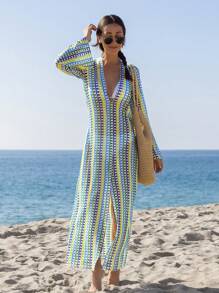 popvil Deep V Neck Weaven Long Sleeves Cover-Up - Multicolor - View 2