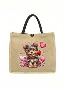Bolso de mano con bolsa de maquillaje con estampado de perro de dibujos animados, bolso elegante y espacioso con estampado de Yorkshire Terrier, bolso grande con estampado lindo de cachorro - Bolsa reutilizable para la compra, con correa de hombro, perfecto para compras y regalos, bolso de playa de gran capacidad para mujeres