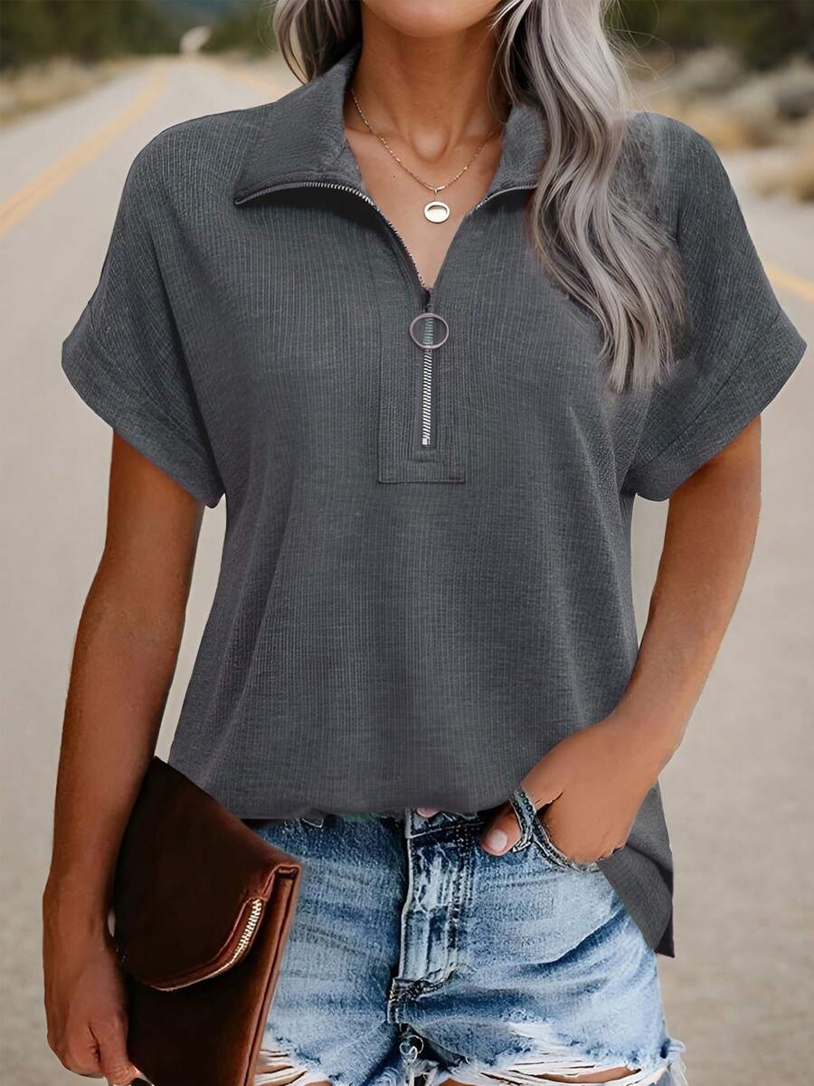 SANOPY Womens Tops,Blouses For Women Business Casual,Women's Short Sleeve Tops And Shirts Zip Neck V Neck Business Casual Tops Loose Tunic Shirts Polo Shirts - 灰色 - 查看 1