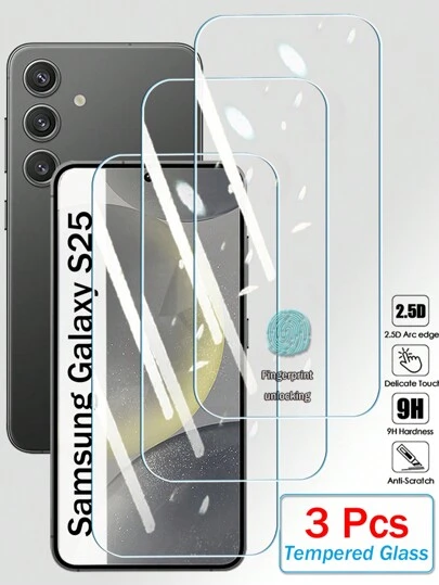 3pcs 9H 2.5D Tempered Glass Screen Protector, Compatible With Samsung Galaxy S26 S25 S24 Plus Ultra S21 S22 S23+ Plus S21+ S22+ S23+ S24+ S25+ S26+, Transparent Protective Film, Ultrasonic Fingerprint Unlock, Birthday, Family, Friend Gift, Phone Screen Protector, Phone Accessories, Waterproof, Shockproof, Anti-Fall, Anti-Scratch, Full Coverage