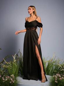 Mgiacy 露肩带 V 领褶饰亮片透视缎面连衣裙，侧开衩，伴娘礼服 - 黑色 - 查看 5