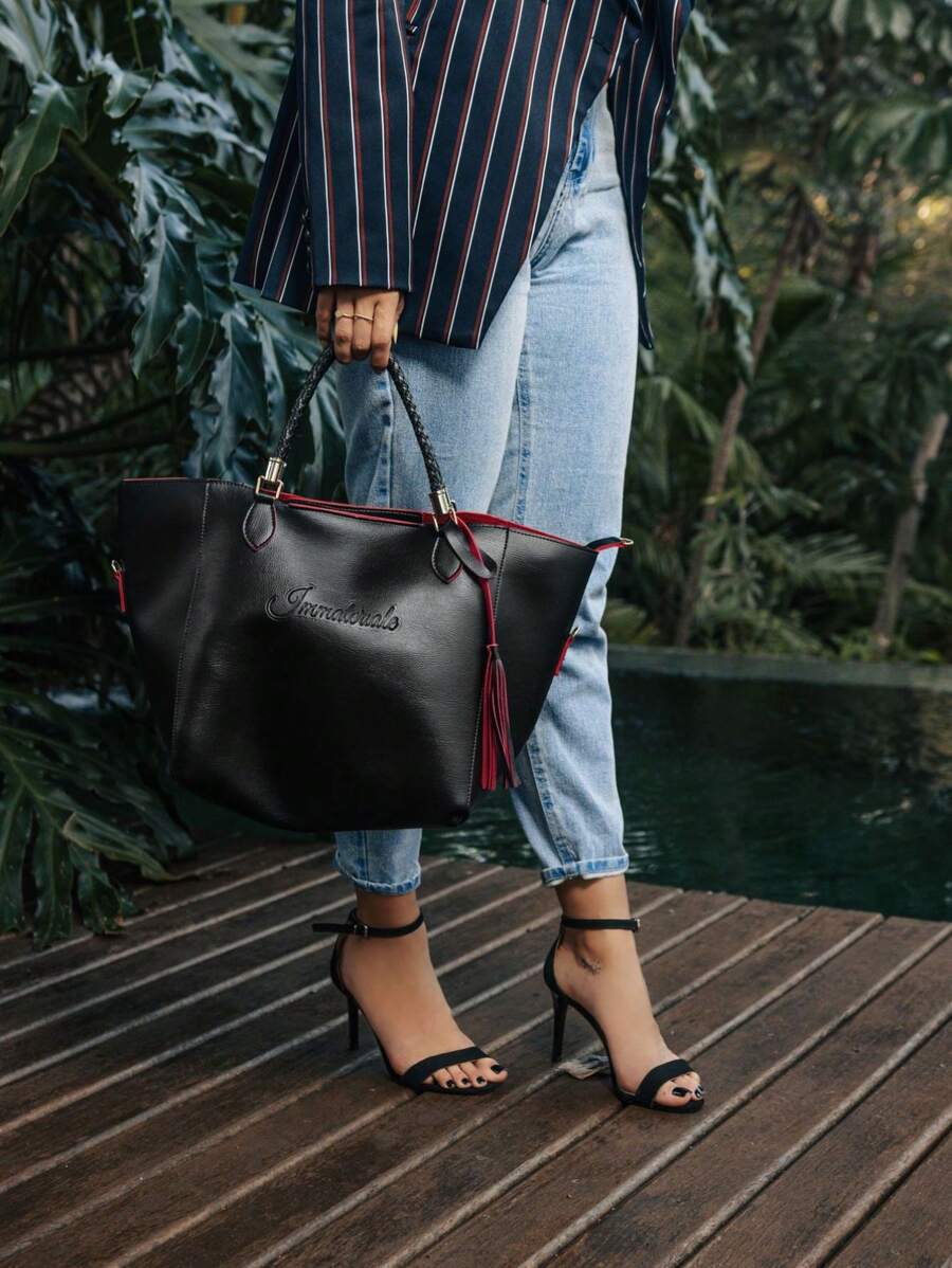 Large Women's Bag Set, Tote Bag And Toiletry Bag With Crossbody Strap - màu đen - Xem 1