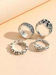 4pcs/Set Punk Style Men's Rings With Skull & Heart Designs, Fashionable Accessories For Daily, Party, Dating, Festival Gifts