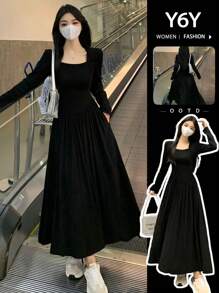 【Y6Y】黑色方领长袖超长针织连衣裙 | 女装秋冬日常高端穿搭修身廓形连衣裙 - 黑色 - 查看 4