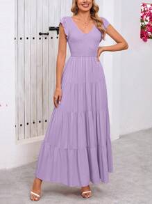 Women's Summer Flowy Long Dress Casual Covered Sleeve V-Neck Pleated Beach Sundress - Tím xám - Xem 3