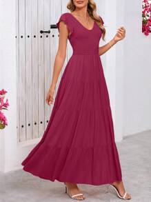 Women's Summer Flowy Long Dress Casual Covered Sleeve V-Neck Pleated Beach Sundress - 酒紅色 - 查看 1