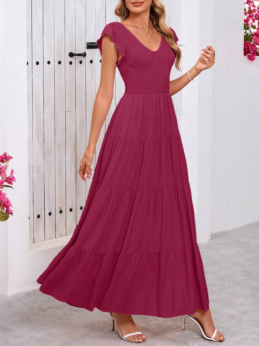 Women's Summer Flowy Long Dress Casual Covered Sleeve V-Neck Pleated Beach Sundress - 酒紅色 - 查看 1