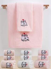 1pc Coral Fleece Embroidered Romantic Cat Design Towel/Bath Towel, Absorbent Soft Makeup Remover Towel, Couples Bathroom Towel, Student Dorm Face/Bath Towel