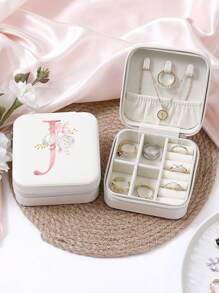 A-Z Floral Letter Pattern Travel Jewelry Box, Portable Zipper Travel Jewelry Storage Box, Gift Box For Women, PU Leather Waterproof Jewelry Box For Rings, Pendants, Earrings, Necklaces, Etc. - Gift Boxes For Girls And Women, Sun Travel Cool Back To School