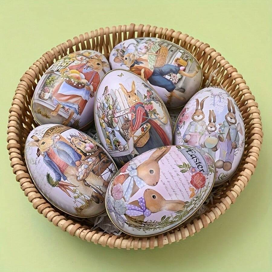 6pcs Easter Iron Candy Box, Rabbit And Egg Design, Holiday Home Decor, Easter Party Supplies, Gift Packaging