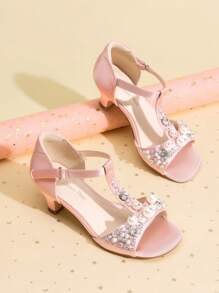Girls Sandals Ankle Strap T-Strap Low Heel Pearl Bow Flower Pump Dress Wedding Party Shoes For Little Kid/Big Kid - 粉色 - 查看 1