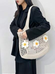 ENBEI 大容量镂空钩编手提包，复古时尚钩编包，女士秋季手提包，沙滩包，花卉装饰，节日必备，母亲节礼物，适合大学、户外、野餐，便携，适合少女和女学生，适合办公室、大学、度假和日常使用，旅行必备，学习用品，圣诞礼物 - 米色 - 查看 8