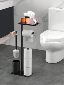 1 Set, Independent Bathroom Toilet Paper Holder With Toilet Cleaning Brush, Storage Tray And Phone Holder, Space Saving Bathroom Supplies Organizer, Multifunctional White/Black Bathroom Roll Paper Storage Rack Bathroom Accessories Bathroom Tools - Multicolor - View 7