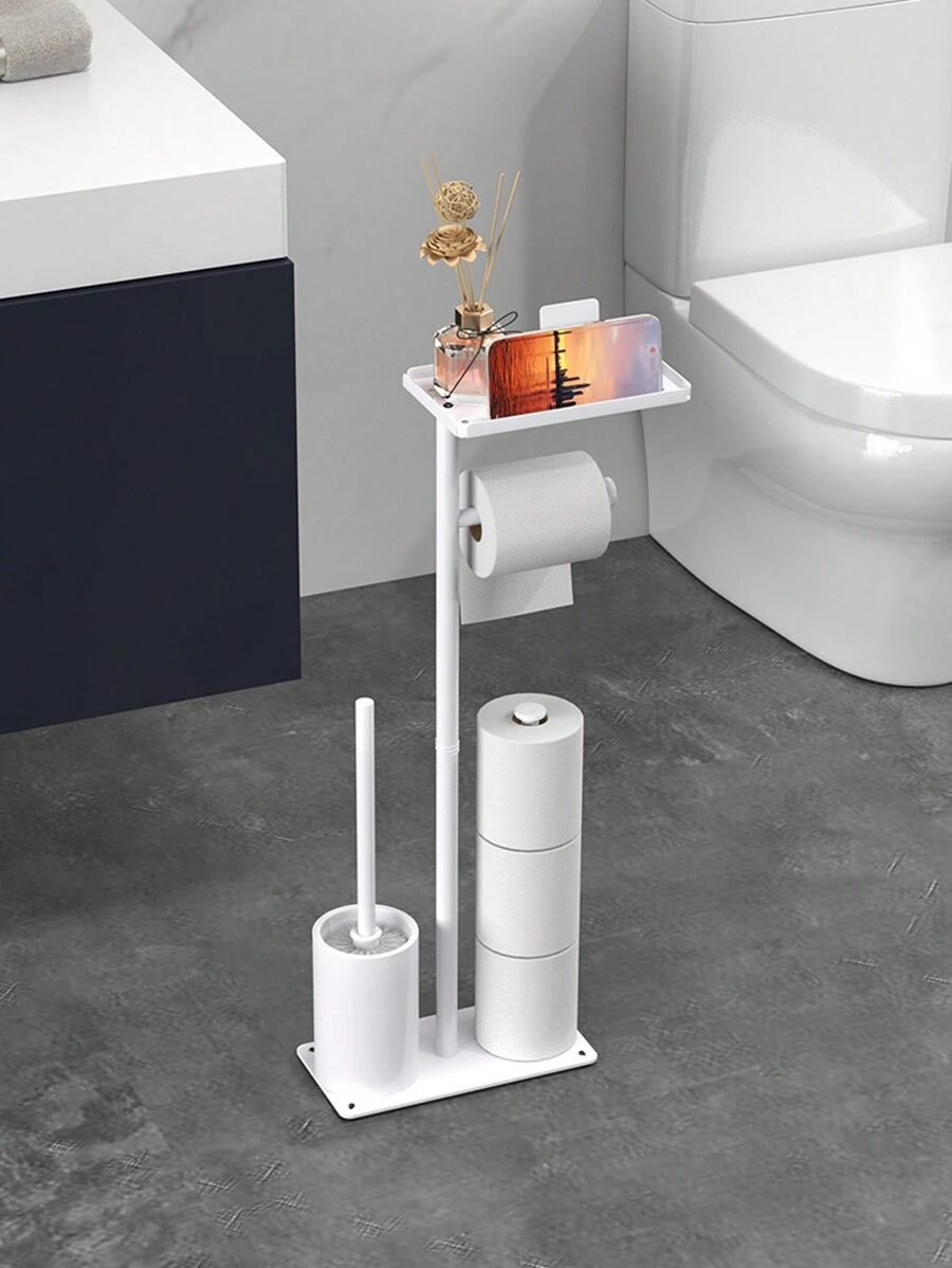 1 Set, Independent Bathroom Toilet Paper Holder With Toilet Cleaning Brush, Storage Tray And Phone Holder, Space Saving Bathroom Supplies Organizer, Multifunctional White/Black Bathroom Roll Paper Storage Rack Bathroom Accessories Bathroom Tools - Multicolor - View 1