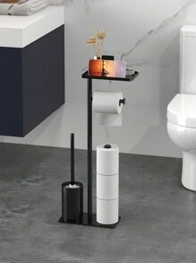 1 Set, Independent Bathroom Toilet Paper Holder With Toilet Cleaning Brush, Storage Tray And Phone Holder, Space Saving Bathroom Supplies Organizer, Multifunctional White/Black Bathroom Roll Paper Storage Rack Bathroom Accessories Bathroom Tools - Multicolor - View 5