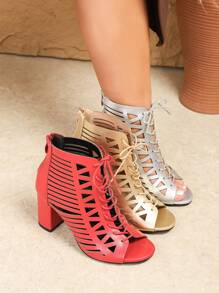 Wide Fit Women Gold Ankle Boots, New Fashion Versatile Spring/Summer Open Toe High Heel Lace-Up Hollow Sandals, Outdoor Comfortable Plus Size Thick Heel Breathable Short Boots