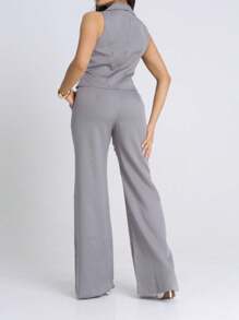 Elegant Tailored Vest And Wide-Leg Trousers Set - 灰色 - 查看 3