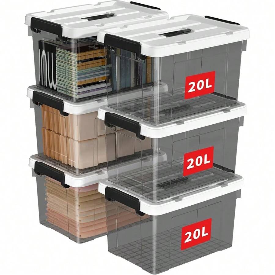 Cetomo, 35L, Pack Of 3, Storage Box With Lid, Storage Boxes, With Clips, Stackable, Living Room, Bedroom. Locking Clips, New Material Plastic Box Transparent Black - 透明黑 - 查看 1