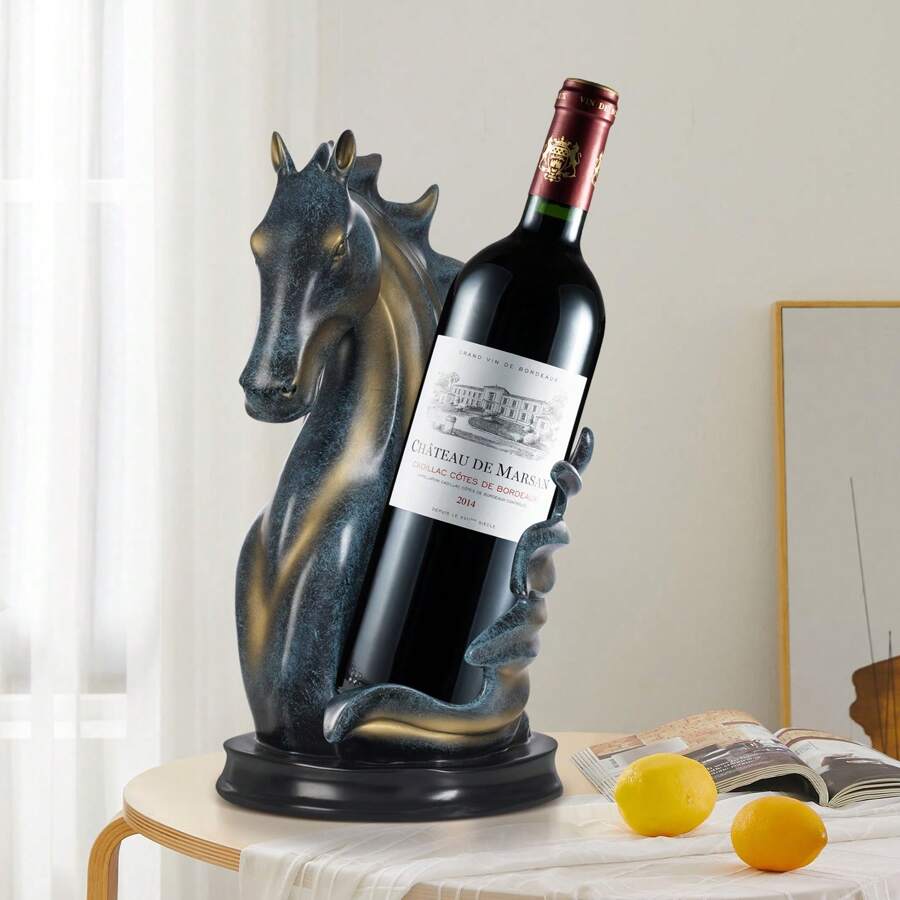 Pferd Weinregal, Dekorative Weinflaschenhalter Weinständer, Pferd Statue Display Stand Tischplatten Und Zähler, Geschenke Für Weinliebhaber, Für Die Lagerung Von Weinflaschen, Weingläser - Blau+Gold - Übersicht 1