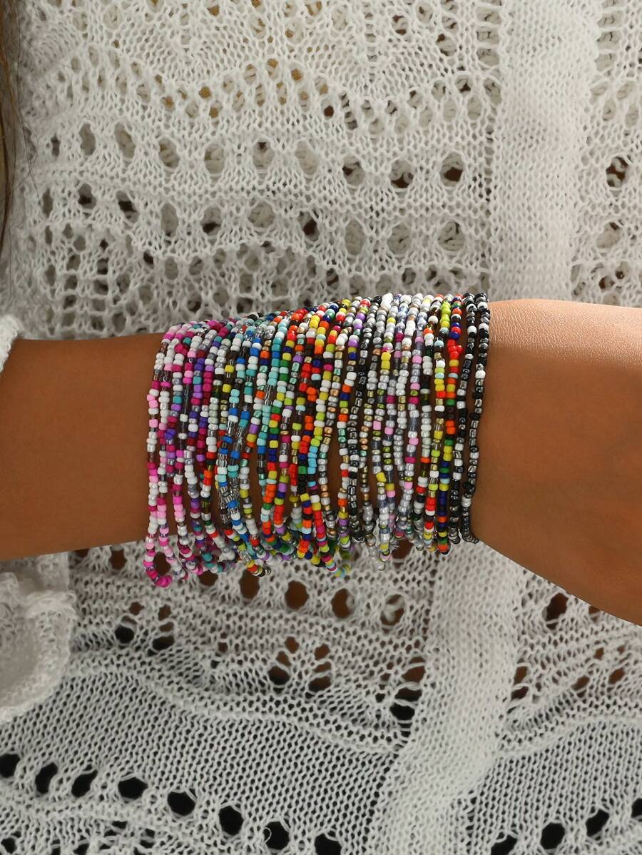 30 件套波西米亚海滩风格彩色米珠手链弹性串珠手链适合女士女孩 - 混色 - 查看 1
