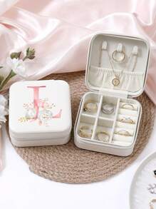 A-Z Floral Letter Pattern Travel Jewelry Box, Portable Zipper Travel Jewelry Storage Box, Gift Box For Women, PU Leather Waterproof Jewelry Box For Rings, Pendants, Earrings, Necklaces, Etc. - Gift Boxes For Girls And Women, Sun Travel Cool Back To School
