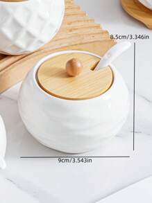 1 Set Ceramic Kitchen Storage Jars With Bamboo Wood Tray & Ceramic Spoon, Scandinavian Minimalist Japanese Style Creative Textured Dinnerware, Kitchen Storage Canisters, Diamond, Wavy, Bird Nest Pattern, Hotel Restaurant Home Kitchen Essentials, Round Bamboo Wood Lid Spice, Pepper, Salt, Sugar Seasoning Storage Jars