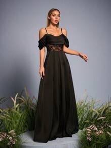 Mgiacy 露肩带 V 领褶饰亮片透视缎面连衣裙，侧开衩，伴娘礼服 - 黑色 - 查看 4