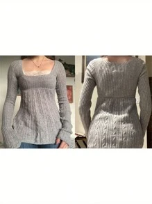 Women's Cable Knit Tops Long Sleeve Square Neck Solid Color Loose Fit T-Shirts Sweaters - 灰色 - 查看 2