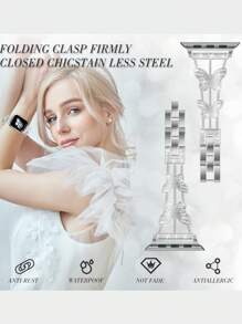 1pc Women Crystal-Embedded Butterfly Design Watch Band,Fashion Metal Bracelet Wrist Strap For 38mm 40mm 41mm 42mm 44mm 45mm 46mm 49mm Luxury Silver Stainless Steel Watchband - Silver - View 5