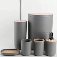 6er Badezimmer Accessoires Set, Kunststoff & Bambus Bad Ensemble Kit mit Seifenspender, Zahnputzbecher, Zahnbürstenhalter, Seifenschale, Toilette-Bürste & Halterung, Mülleimer, Geschenkset für Geburtstag, Feiertage, Einweihung, Weihnachten, in den Farben Schwarz, Weiß und Grau erhältlich