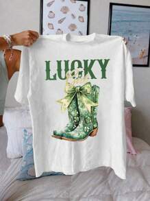 St. Patrick's Day Women's Summer Letter Boots Printed Casual Round Neck Short Sleeve T-Shirt Graphic Tees Women Summer Tops