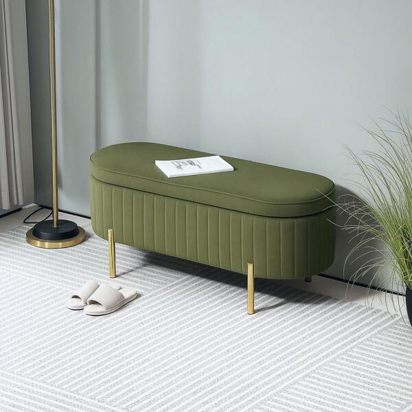 HOMCOM Panca Contenitore Ovale da 72L con Coperchio Sollevabile e Design Scanalato, Panca Moderna in Tessuto Effetto Velluto e Legno di Pino, 108x44x43.5 cm, Verde