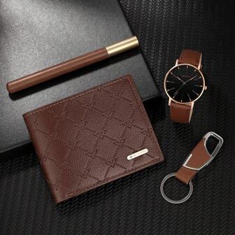 4pcs Simple Atmosphere Advanced Pointer PU Leather Quartz Men's Watch Signature Pen Key Chain Wallet For Men's Best Gift