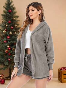 Christmas Pajama Party, Plush Pajama Set, Jacket, Tank Top, Sleep Pants In A Set Of 3 Pieces, Solid Color Home Set - 灰色 - 查看 3