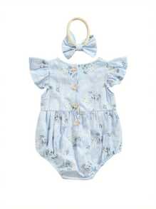 Mono para bebé con diadema, estampado floral, cuello redondo, mangas cortas y diadema para verano, azul/amarillo, 0-24 meses - Azul - Ver 3