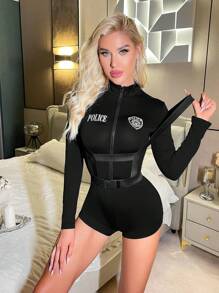 情人节角色扮演派对性感前拉链高领长袖超短连体衣+吊带套装 - 黑色 - 查看 4