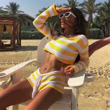 Women 2 Piece Knitted Outfits Set Stripe Printed Off Shoulder Long Sleeve Crop Top Sweater Drawstring Shorts Lounge Sets Beachwear Cover Ups - 黃色 - 查看 4