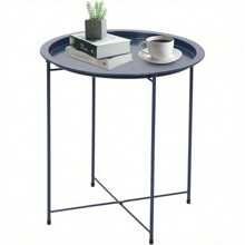Tray Metal Side Table 47x50cm Small Side Table With Removable Round Tray Round Coffee Table For Outdoor Or Indoor For Home Kitchen Blue - Blue - View 3