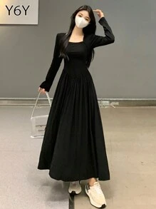 【Y6Y】黑色方领长袖超长针织连衣裙 | 女装秋冬日常高端穿搭修身廓形连衣裙 - 黑色 - 查看 5