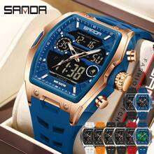 SANDA Men Watch Digital Quartz Dual Time Military Sport Wristwatch Top Brand Luxury Multifunction Alarm Date Week Stopwatch Function Silicone Strap Waterproof Original Electronic Male Clock Gift 6235