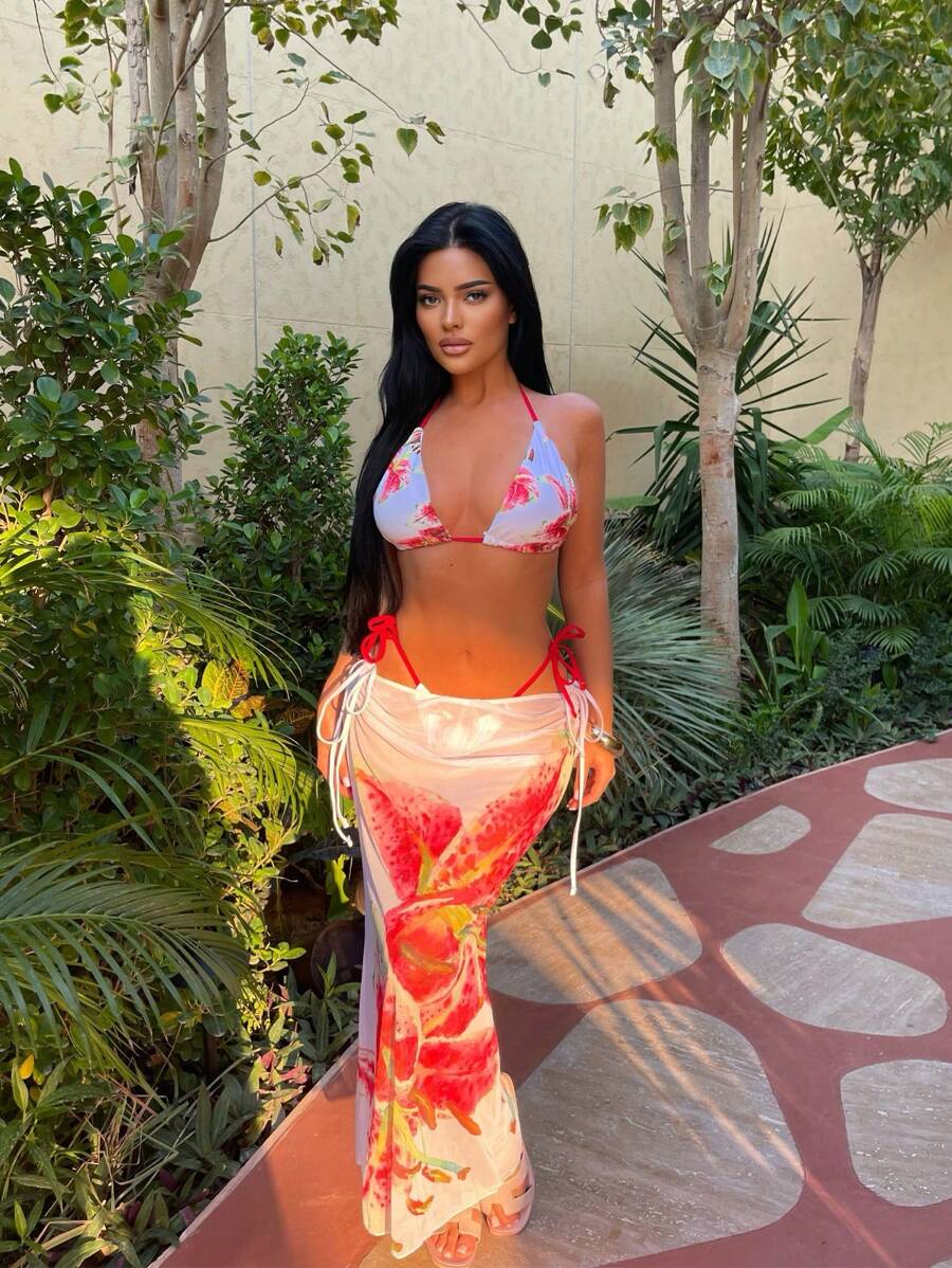 Women's 3pcs Bikini Set – Tropical Print Bikini With Mesh Maxi Skirt Cover-Up, Sexy Beach Outfit Bathing Suits For Women - Multicolor - View 1