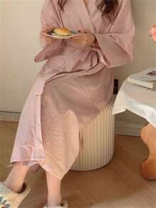 1 Pc Women Spring/Summer/Autumn Bath Robe, New Loose Long Sleeve Breathable Long House Dress Bathrobe Back To School - Multicolor - View 2