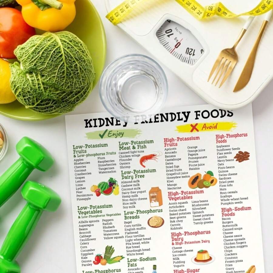 1pc Kidney Friendly Foods Poster, Low Potassium Grocery List, Frameless Educational Shopping Guide For Beginner Kidney Diet Plan, Solid Color Text Theme - Multicolor - View 1