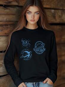 Women Astronaut Planet Earth Star Letters Cool Style T-Shirt Fashion Print Long Sleeve Round-Neck Loose Fit Tops Streetwear - Black - View 1