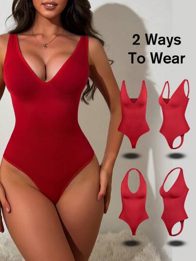 1pc Women's Seamless Shapewear Jumpsuit, Convertible Design With Detachable Straps, Tummy Control And Butt Lift, Full Body Shaping For Outdoor/Bikini Wear