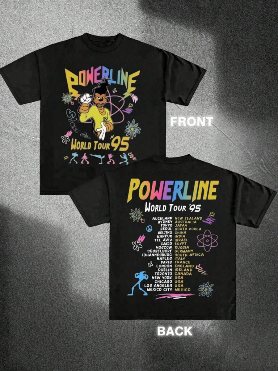 Men 1Pcs 100% Cotton 220g Double - Sided Digital Print T - Shirt For Powerline's World Tour '95 - 黑色 - 查看 1