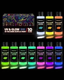 Fantastory 夜光颜料，夜光颜料 10x60ml，防水丙烯颜料，夜光颜料和黑光颜料，适用于万圣节石头和画布。丙烯颜料套装（柔色系列），返校季，学校用品 - 彩色 - 查看 1