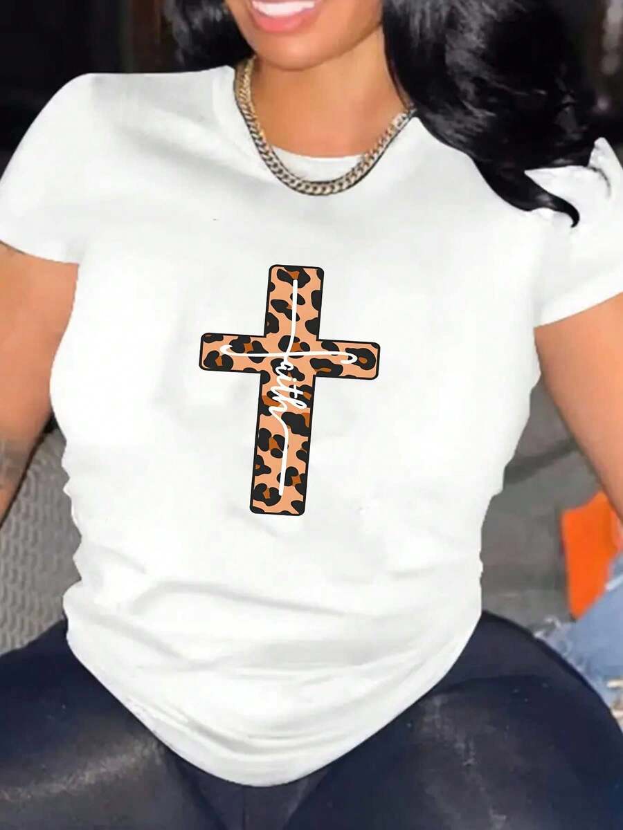 Jesus Cross Print Shirt Womens Casual Shirt Sleeve Graphic Tee Shirts Crew Neck T Shirts Pullover Tops For Women - 白色 - 查看 1