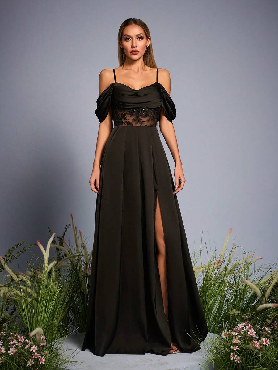 Mgiacy 露肩带 V 领褶饰亮片透视缎面连衣裙，侧开衩，伴娘礼服 - 黑色 - 查看 1